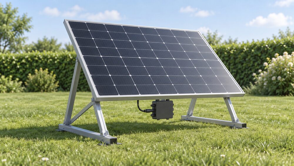 A close-up of a single framed monocrystalline solar panel standing on a low ground-mount frame on grass in daylight, its aluminium frame and cell grid clearly visible, with the panel's cable and small microinverter box hanging beneath it.