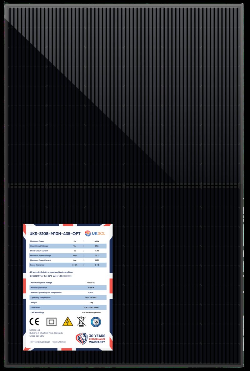 A UKSOL all-black solar panel (model UKS-S108-M110-435-OPT) shown front-on with its specification label