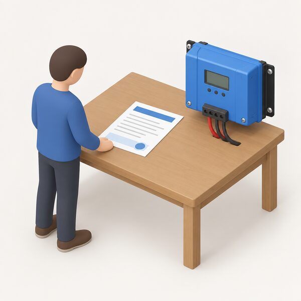 A printed warranty certificate lying flat on a table beside a Victron SmartSolar MPPT charge controller, with blank lines and plain colour bands standing in for text, and a small isometric figure standing nearby having just placed the document down.