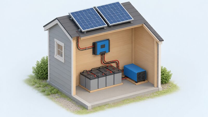 A small outbuilding interior shown in isometric view with a wall-mounted MPPT charge controller wired to two solar panels on the roof outside and to a battery bank on the floor, with an inverter beside the batteries and no grid connection anywhere in the scene.