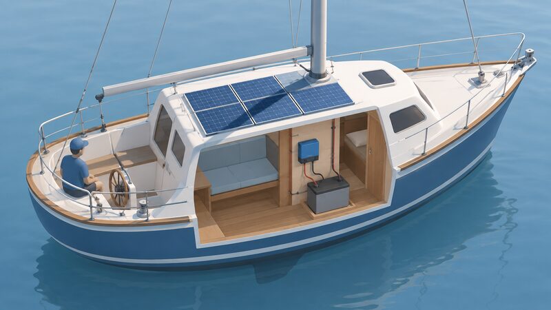 A small boat with a solar array on the cabin roof, a tall mast casting a distinct diagonal shadow across part of the panels, with a charge controller inside the cabin connected by cables from the array to a battery.