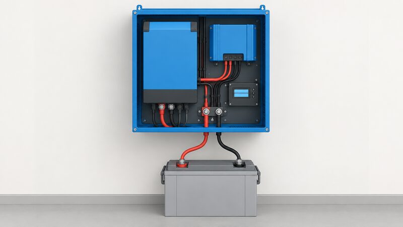 A single wall-mounted EasySolar-II GX enclosure shown with its MultiPlus-II inverter/charger section, SmartSolar MPPT controller section and small two-line GX display panel visible on one unit, with DC wiring from the MPPT output joined to the inverter/charger's DC connection and two thick battery cables leaving via M8 studs to a battery.