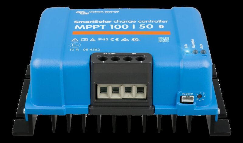 A blue Victron Energy SmartSolar MPPT 100/50 solar charge controller shown front-on with battery and PV terminals and VE.Direct port