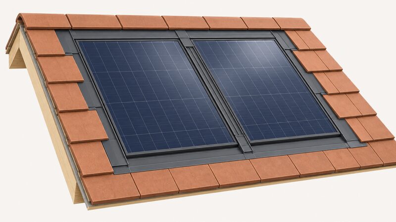 A close-up cutaway of a pitched roof showing two adjacent in-roof solar panels side by side with a small gap between them, the roofing kit's weatherproof joint pieces bridging that gap and the edges where the array meets the surrounding roof tiles.