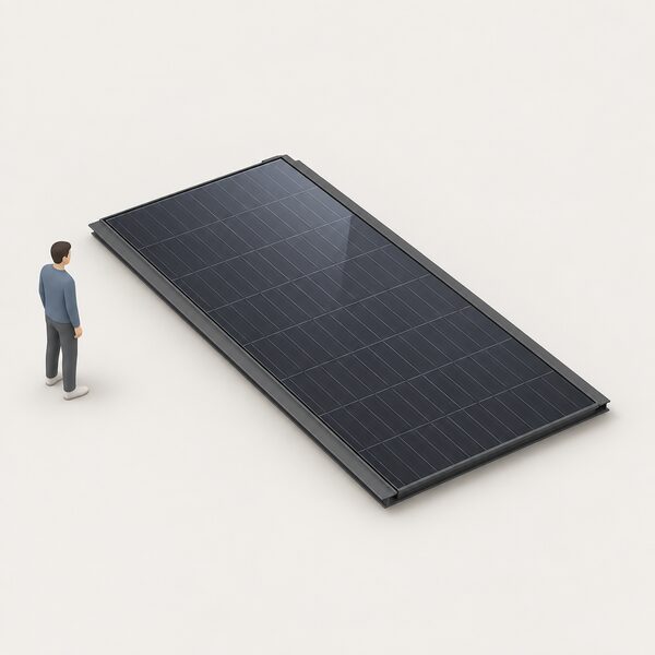 A single roof-integrated solar panel module shown as a product, lying flat as if on display, with its dark glazed face and slim frame visible and a small simplified isometric figure standing beside it indicating its scale.