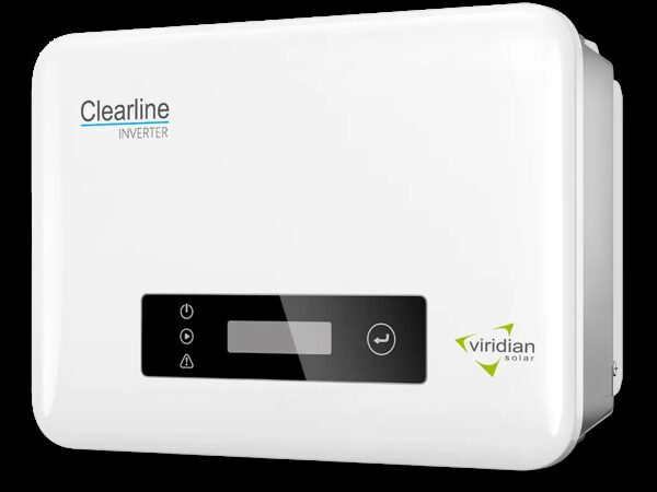 A white Viridian Solar Clearline inverter unit with a black display panel and control buttons