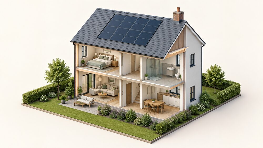 A cutaway of a house with a pitched slate roof where a central section of the roof covering is replaced by a flush, roof-integrated solar panel array sitting in the roof plane, level with the surrounding slates, with the rest of the house shown in simple section below.