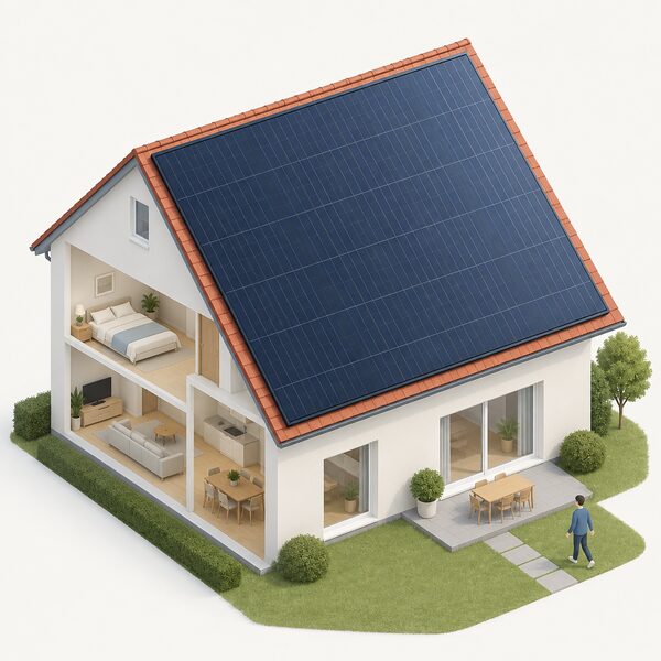 A house roof almost entirely covered by a single large solar collector panel, with only a narrow margin of bare roof left around its edges, drawn as a simple cutaway view of the pitched roof from above.