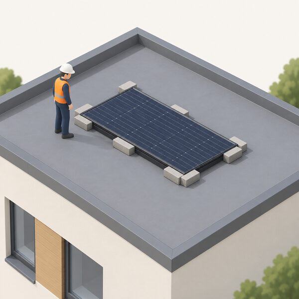 A low profile flat solar collector lying close against a flat roof surface, held in place by plain ballast blocks around its base, with no fixings, brackets or penetrations through the roof membrane, shown in a simple isometric view.