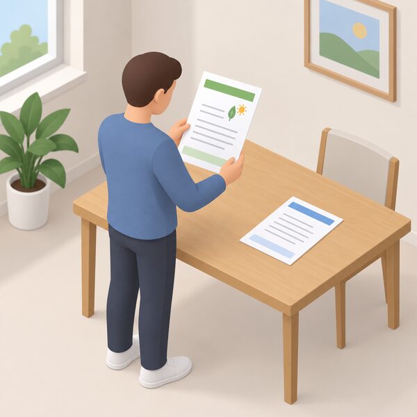 A simplified isometric figure in plain clothing stands at a table indoors holding a paper certificate with blank lines and plain colour bands, examining it closely, with a second printed sheet lying flat on the table beside them.