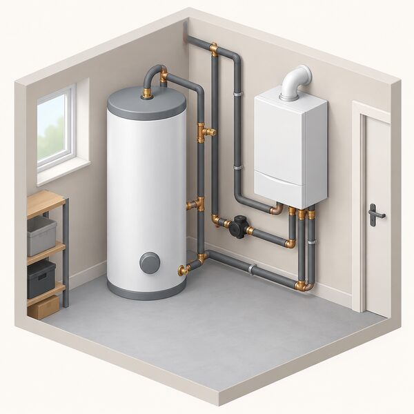 An indoor utility space with a tall hot water cylinder connected by insulated pipework, with a wall-mounted gas boiler nearby linked to the same circuit to provide backup heat.