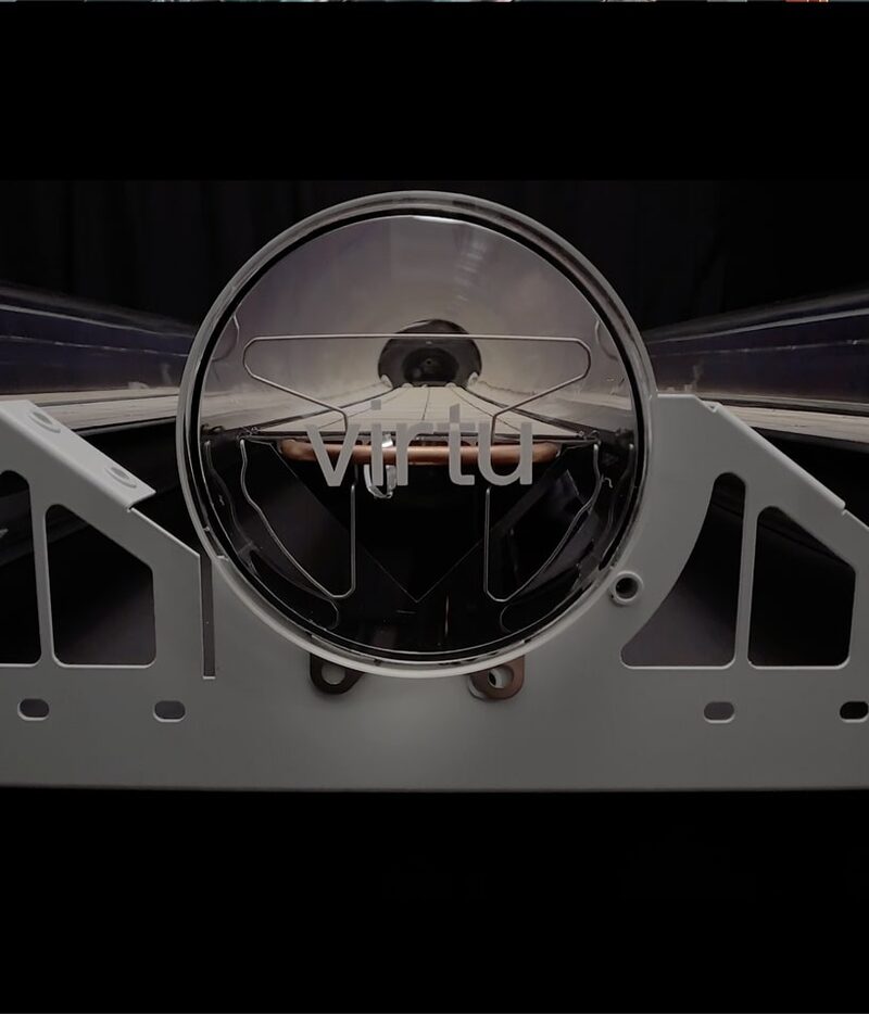 Close-up of a Virtu solar thermal vacuum tube collector mounted on a white metal frame