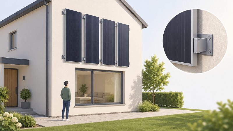 A simplified isometric building façade with several Virtu PVT collectors mounted vertically in a row on the sun-facing wall, directly above a ground floor window, showing the bespoke mounting brackets fixing the panels flush to the wall surface.