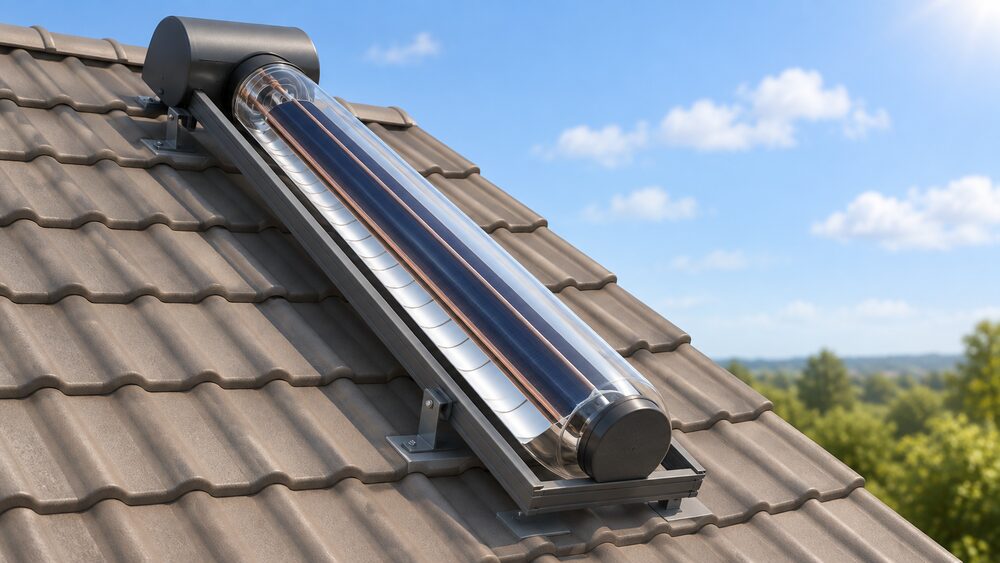 A close-up of a single Virtu PVT hybrid collector module: an evacuated borosilicate glass tube holding a combined absorber plate with integrated reflectors behind it, seated in its bespoke roof mounting frame on a pitched roof under a bright sky.