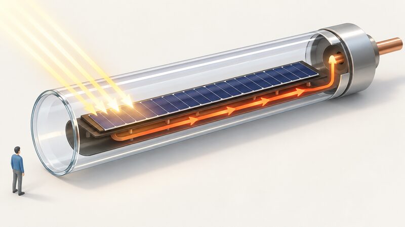 A cutaway of one evacuated borosilicate glass tube with the absorber plate inside carrying a PV cell layer, sunlight entering the glass, and a heat transfer path leading away from the absorber along the tube.