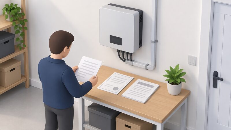 A wall-mounted solar inverter indoors with an MCS certificate sheet and handover paperwork laid on a table beside it, shown as physical documents with blank lines and plain blocks, no readable words or numbers.