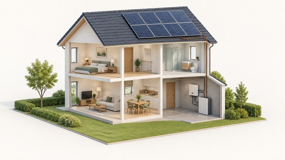 A cutaway house in daylight showing a solar panel array on the roof, with the inverter and a battery storage unit mounted on the wall of a garage or utility space inside, connected to the panels above.