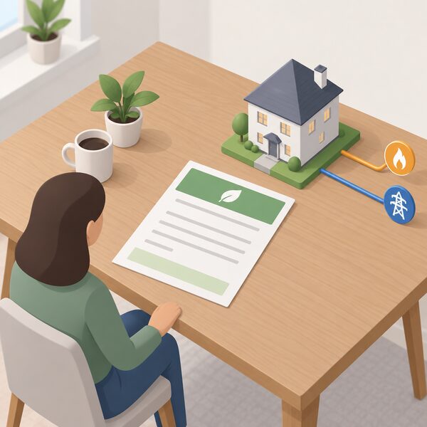 A single renewable energy certificate document lying on a household table, drawn as a physical sheet with a plain colour header band and blank lines where the certification details would appear, beside a simplified isometric house figure connected to grid and gas network lines.