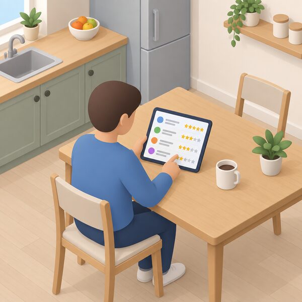 A householder seated at a kitchen table holding a tablet whose screen shows a plain comparison table of supplier rows with simple star ratings, no readable words or numbers, while checking customer service rankings.