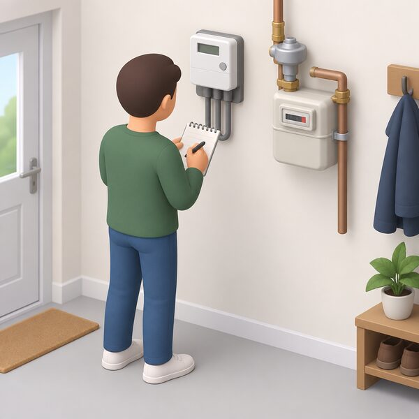 A householder standing at an indoor electricity meter on a wall, writing the reading on a notepad, with a gas meter also visible nearby, on the day the supply moves to the new supplier.