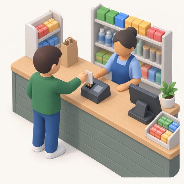 A small shop counter scene where a simplified customer hands a traditional prepayment electricity key to a shopkeeper at a till point, with the key being inserted into a counter-top top-up terminal, showing the ordinary in-person top-up route for a non-smart prepayment meter.