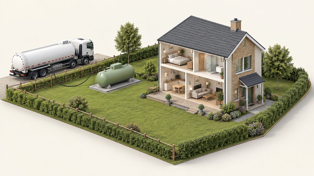 An off-grid home shown from the garden with a bulk LPG tank standing on a level non-combustible base away from the boundary, while a road tanker parked at the property delivers fuel through a hose to the tank.