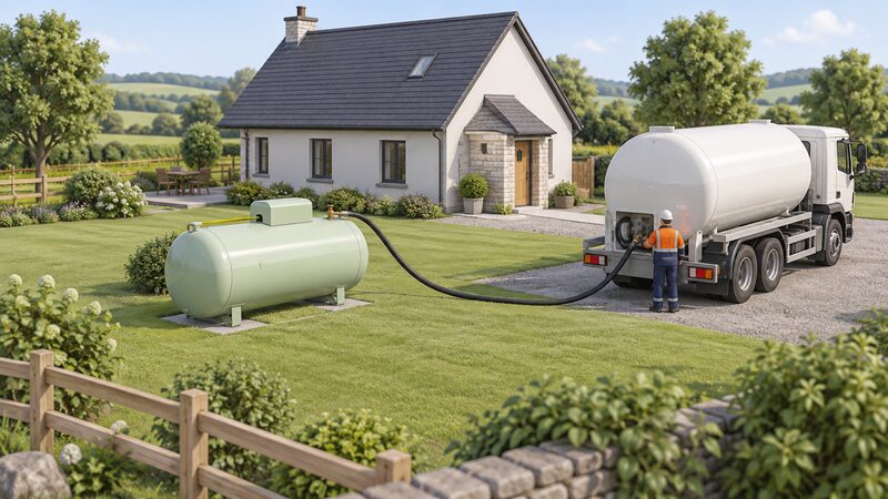 A bulk LPG tank standing in the garden of an off-grid house, with a road tanker parked nearby and a hose running from the tanker to the tank's filling point for a refill.