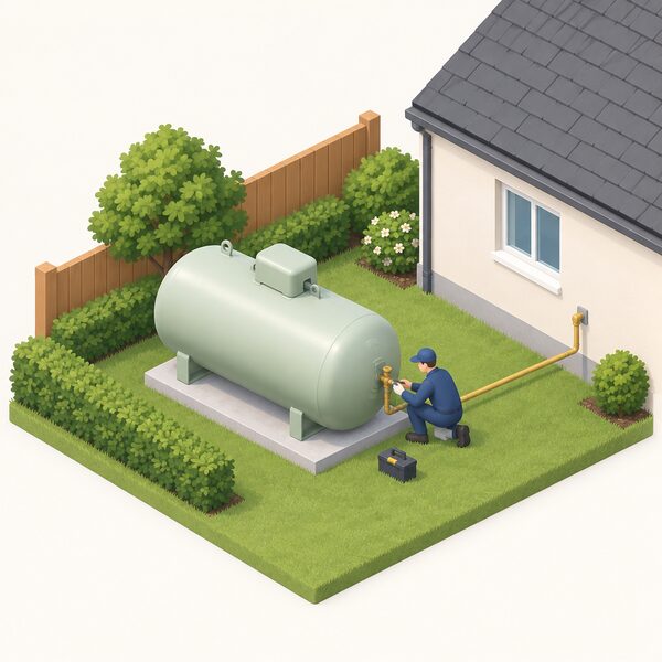 A newly installed domestic bulk LPG tank standing in a house garden, shown as a simplified isometric scene with the tank on its base, connected pipework running to the house wall, and a small figure of an installer completing the installation work nearby.