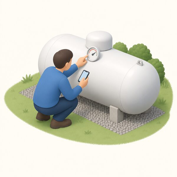 A household member crouching beside an outdoor bulk LPG tank, reading the round gauge on its dome, with a phone in hand ready to place the order.