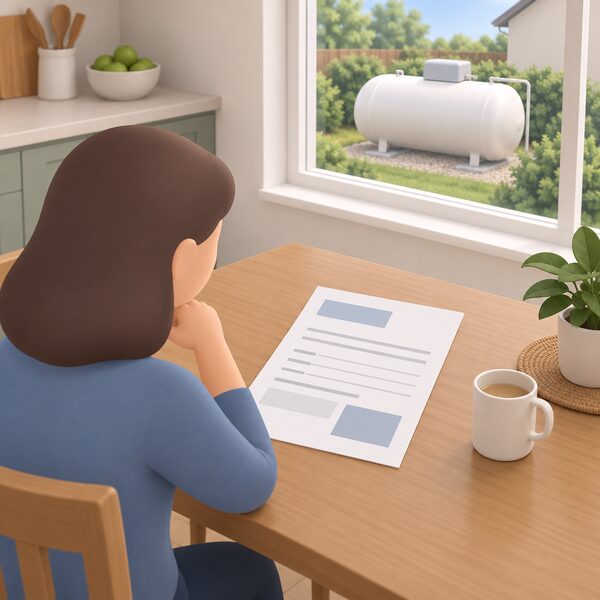 A printed quote document for bulk LPG supply lying on a kitchen table, shown as a physical sheet with blank lines and plain blocks where the property-specific details would go, beside a domestic bulk LPG tank visible through a window.