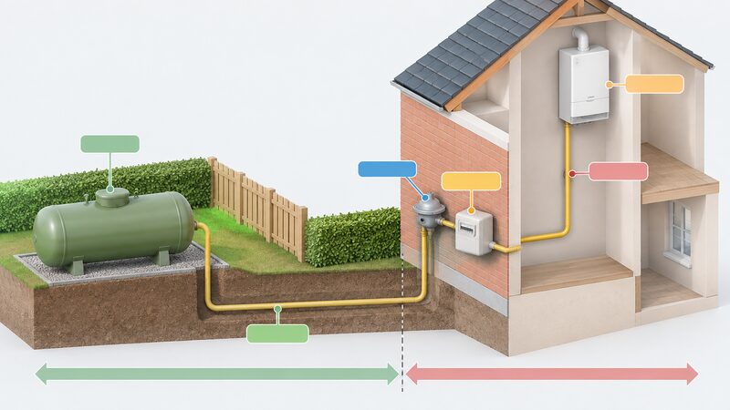 A cutaway diagram of an LPG installation showing the supplier's tank outside the property boundary, an underground supply pipe running to a regulator and meter at the house wall, and internal pipework rising inside the home to the boiler, with blank label tags marking each ownership boundary.