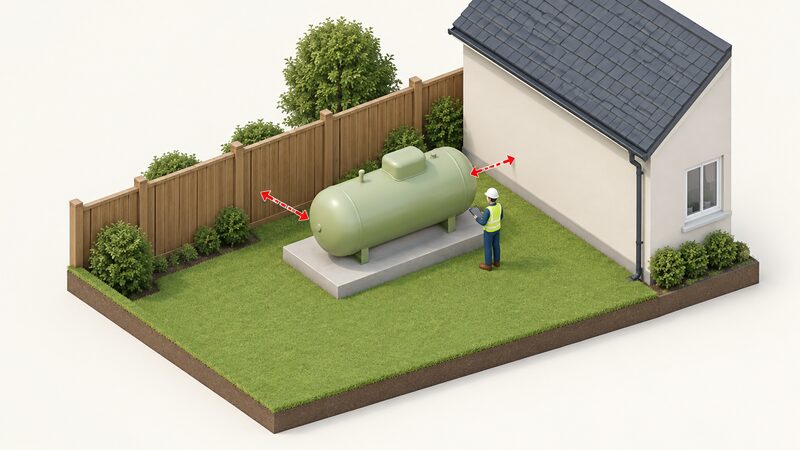 A cutaway isometric garden scene showing an above-ground LPG tank on a level, solid concrete base, with clear separation distances marked to a house wall and a boundary fence, and a small figure inspecting the tank.