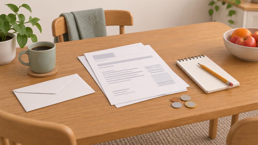 A kitchen table with blank final-bill paperwork, a plain envelope, a few coins and a small notepad with a pencil, arranged as the moment a household records a meter reading to close one energy account and open another.