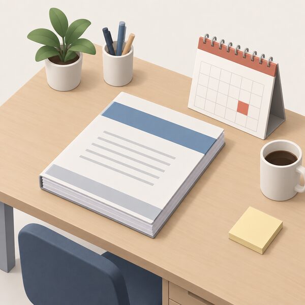 A plain bound accounts document lying unfiled on an office desk, shown as a physical object with blank lines and plain colour bands instead of any readable content, beside a simple desk calendar page marking the late September 2021 administration date.