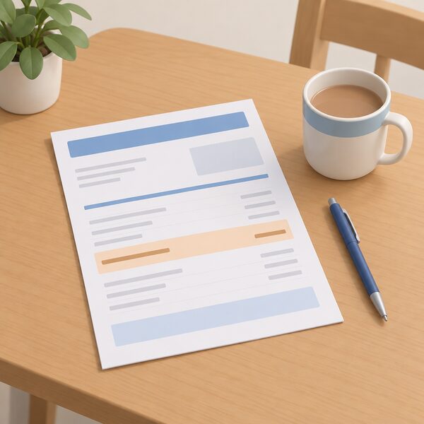 A paper household energy bill lying on a kitchen table, drawn as a physical document with blank lines and plain colour bands, with a highlighted standing charge section shown only as a shaded block, beside a mug and a pen.