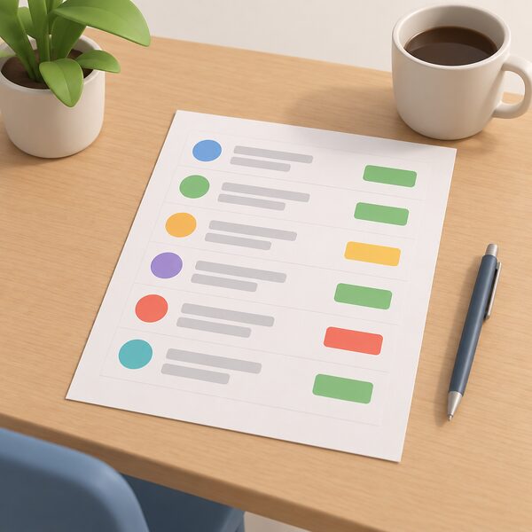 A printed sheet lying on a table showing a simple list of energy supplier entries, each row carrying a plain colour band as an active status marker, with all content shown only as blank lines and blocks so nothing is readable.