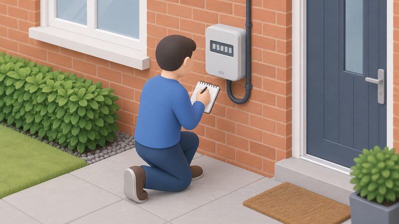 A simplified isometric householder kneeling at a domestic electricity meter mounted on an outside wall, writing the reading down while the meter's display shows five plain figure blocks, marking the boundary between the old and new supplier accounts.