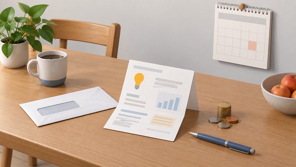 A kitchen table with a folded household energy bill beside a plain window envelope, a small stack of coins, a wall calendar and a pen, suggesting a household checking and paying its energy bill.