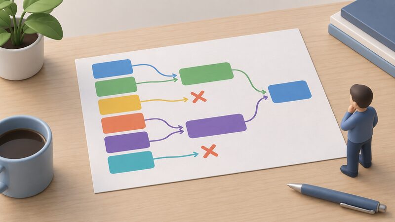A printed timeline sheet lying on a table showing six plain colour blocks in a row at the left, with arrows curving rightward to fewer blocks, some blocks crossed out and others merged into larger blocks, all carrying no readable words.