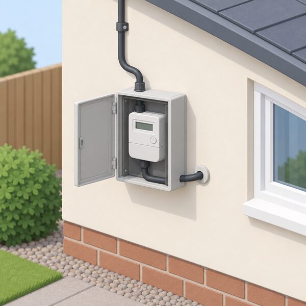 A domestic electricity meter mounted in its meter box on the outside wall of a simple house, with the incoming service cable entering the box and a cable leaving towards the home, shown as a plain isometric scene with no branding or readable markings.