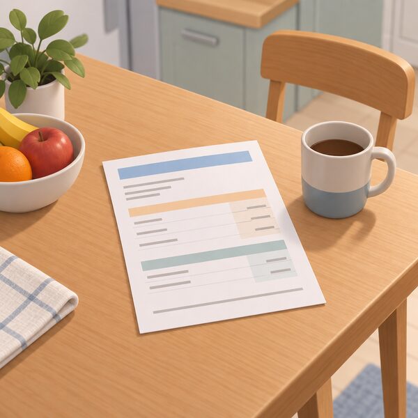 A paper household energy bill lying flat on a kitchen table beside a mug, drawn as a physical document with plain colour bands and blank lines suggesting the bill's cost breakdown, with no readable words or numbers.
