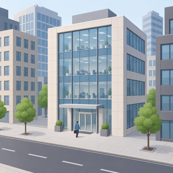 A plain modern city office building seen from street level, with a simplified isometric figure in ordinary clothes walking towards the glass entrance doors, surrounded by other city buildings and a pavement, representing the trade association's headquarters where industry suppliers are represented.
