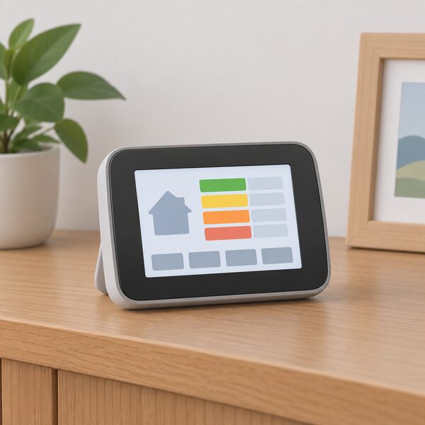 A smart meter display sitting on a table or shelf in a home, shown as a small handheld unit with a plain screen carrying simple colour bands and blank blocks instead of readable figures, with no other equipment or people in the scene.