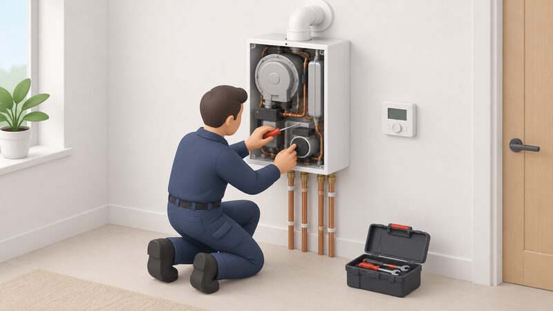 A uniformed engineer kneels beside a wall-mounted domestic gas boiler with the front casing removed, servicing the internal components with tools, the boiler on an interior wall with visible pipework and flue, controls nearby.