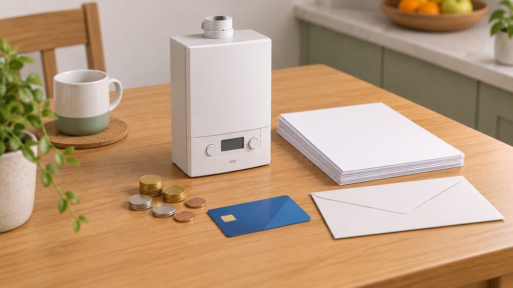 A small model of a wall-hung gas boiler sits beside a stack of blank paperwork and a plain envelope on a kitchen table, with a handful of coins and a direct debit card nearby, suggesting a household arranging energy supply and boiler cover.