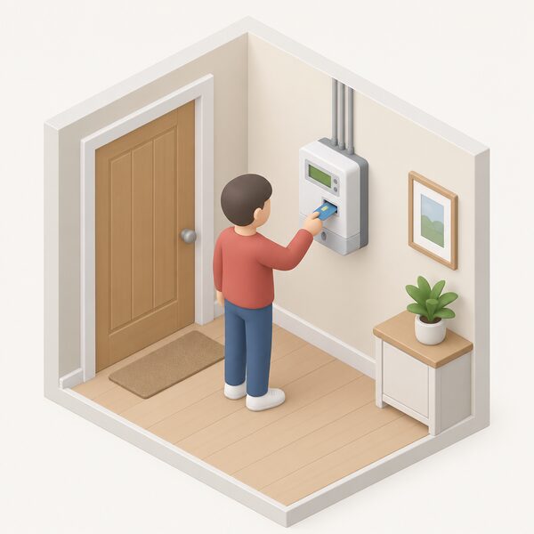 A simplified isometric view of a prepayment electricity meter mounted on a wall inside a home, with a small figure standing before it inserting a payment card or key into the meter's slot.