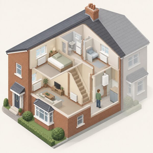 A wall-mounted gas boiler in the airing cupboard or kitchen of a semi-detached house, with a simplified isometric figure of a homeowner standing nearby, radiators and pipework visible in the rooms to show the whole-house gas heating system whose annual running cost is being discussed.