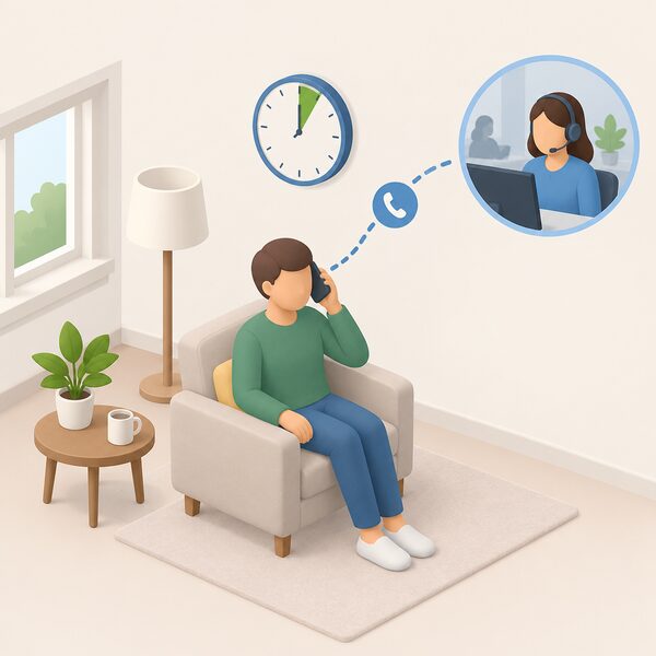 A customer at home holding a phone to their ear while seated, with a wall clock and a small elapsed-time indicator suggesting a short wait before the call is answered, showing the contact route to the call centre.