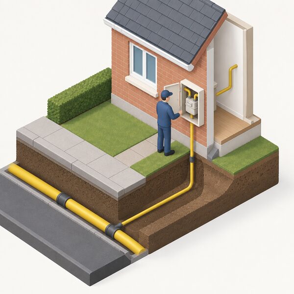 A cutaway exterior wall of a UK home showing the domestic gas meter box with the meter inside, connected by a service pipe running underground from the street gas main, with a simplified isometric figure checking the meter.