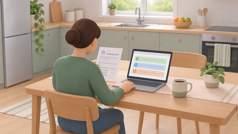A simplified figure sits at a kitchen table comparing a paper energy bill with a laptop screen showing a plain comparison page of colour-banded tariff rows, with a mug beside them.